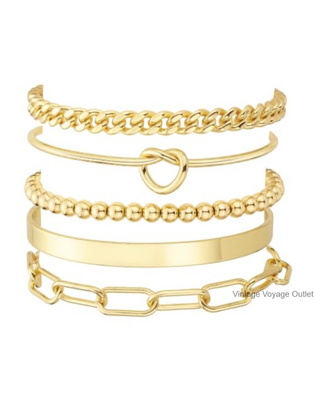 5-Piece Gold Plated Stackable Bracelet Set Adjustable Cuff for Women
